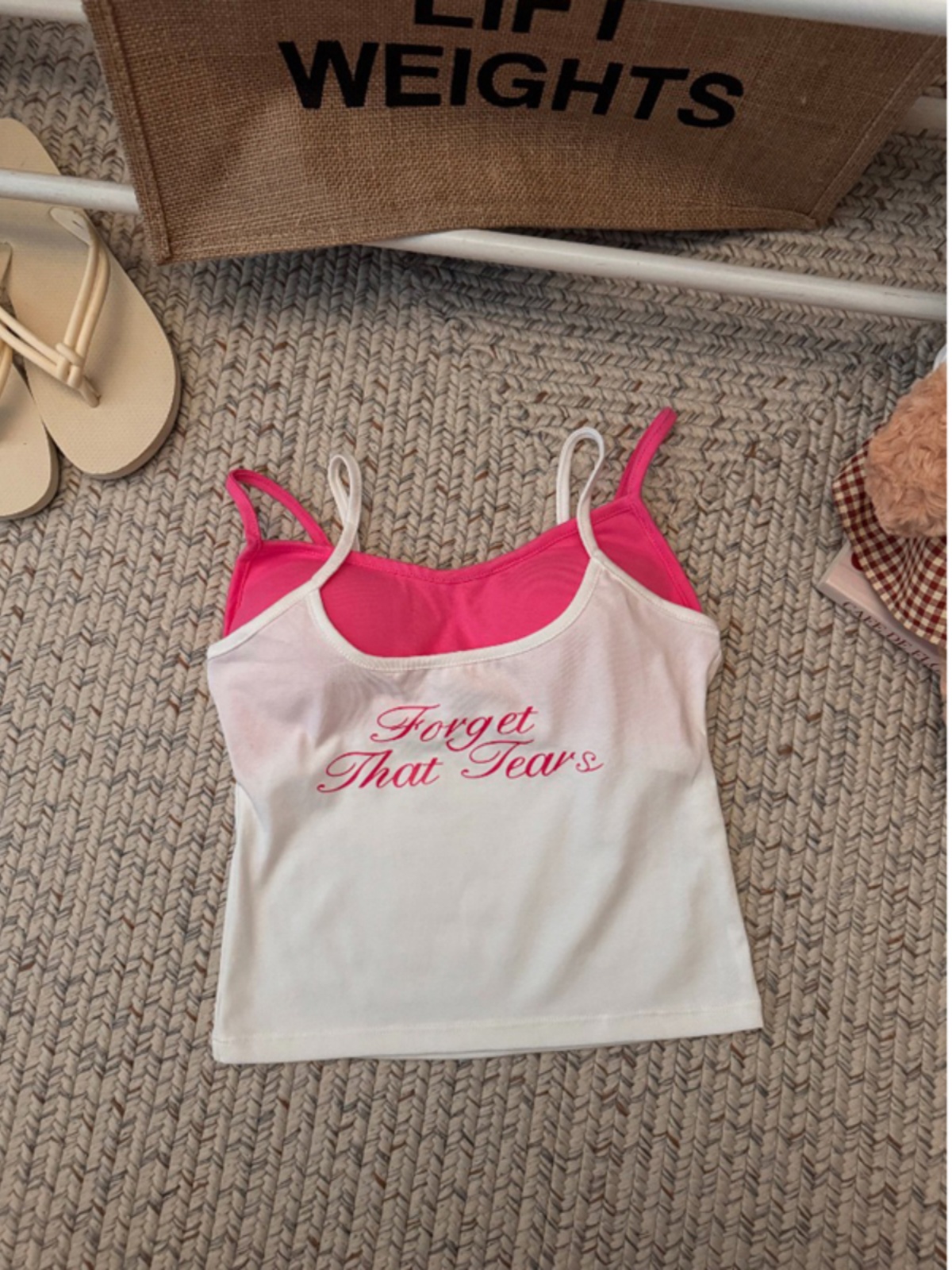 American-style hot girl design, printed letter fake two-piece layering, color-blocking vest, slimming and sexy for women, with a trendy strappy top inside Item Picture