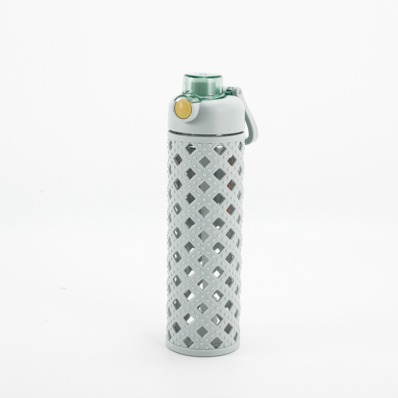 W67-9028 Double-layer hollowed-out water cup, novel office handle cup, bullet-lid straw double-drinking cup, best-selling water bottle details Picture