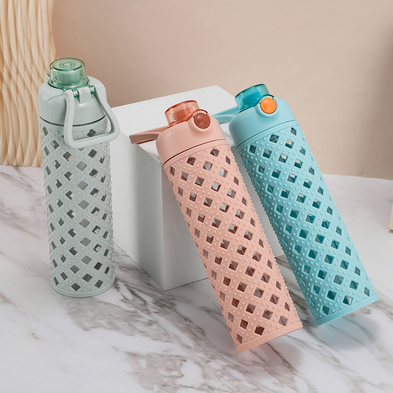 W67-9028 Double-layer hollowed-out water cup, novel office handle cup, bullet-lid straw double-drinking cup, best-selling water bottle Item Picture