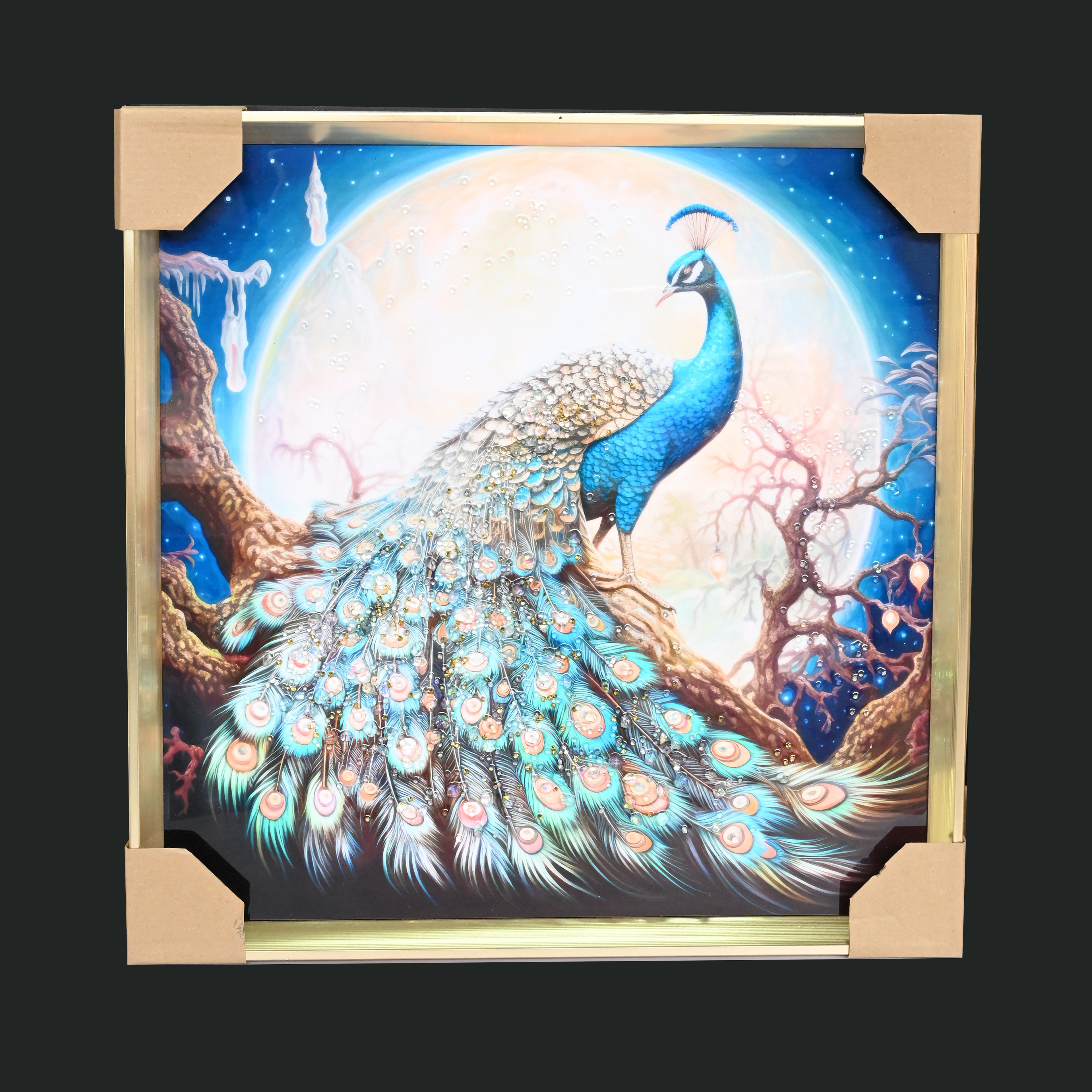 炫彩孔雀晶瓷铝合金镶钻画装饰画客厅沙发背景墙壁画现代轻奢挂画芯