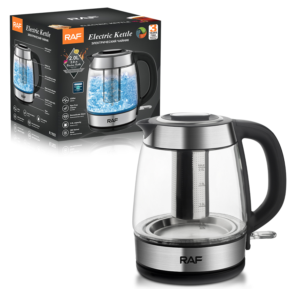 RAF European standard cross-border transparent glass 2L electric kettle with automatic large-capacity multi-functional kettle overheat protection details Picture