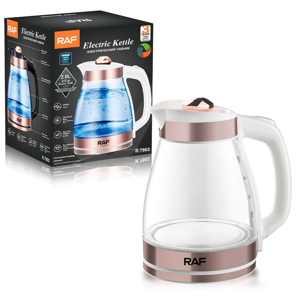 RAF European standard cross-border transparent glass 2L electric kettle, automatic large-capacity multi-functional kettle, overheat protection 7802 Specification image