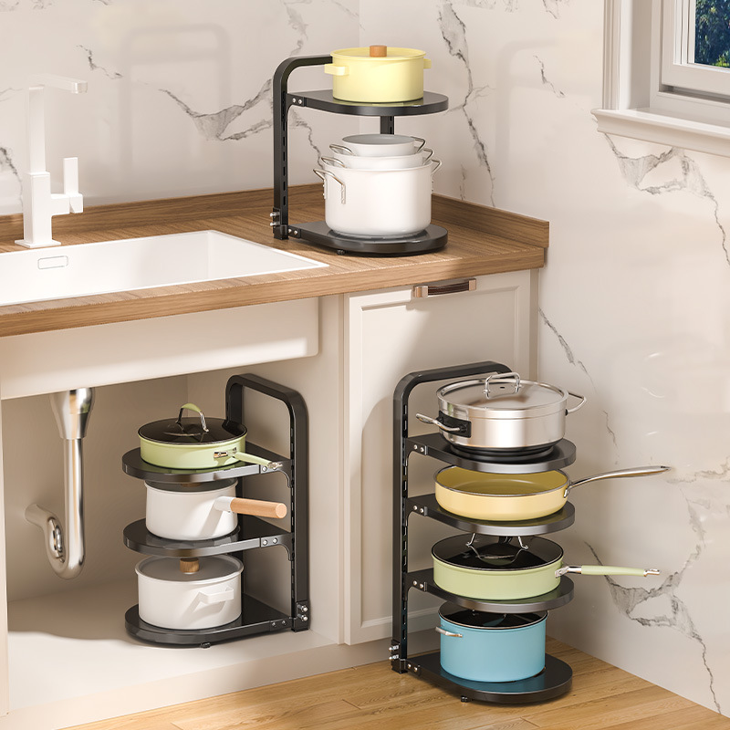 Kitchen storage rack, a multi-layer adjustable floor-standing cookware storage rack for home use, with a sink and a pot rack placed inside the cabinet details Picture