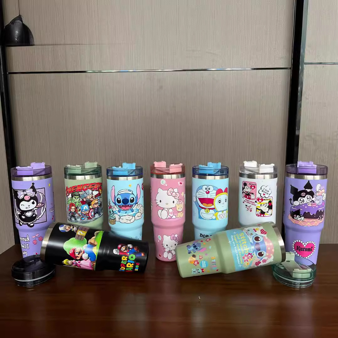 New cartoon-patterned straw cup, 304 stainless steel, ins creative large-capacity double-layer vacuum ice cube cup, cold preservation cup Specification image