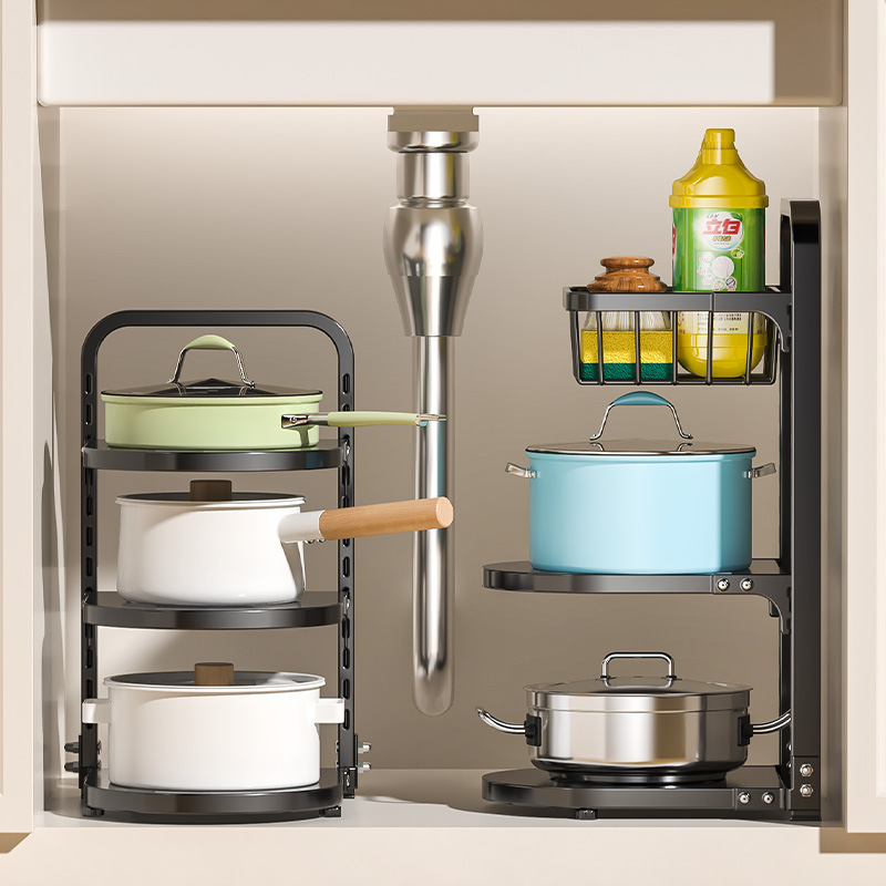 Kitchen storage rack, a multi-layer adjustable floor-standing cookware storage rack for home use, with a sink and a pot rack placed inside the cabinet Specification image