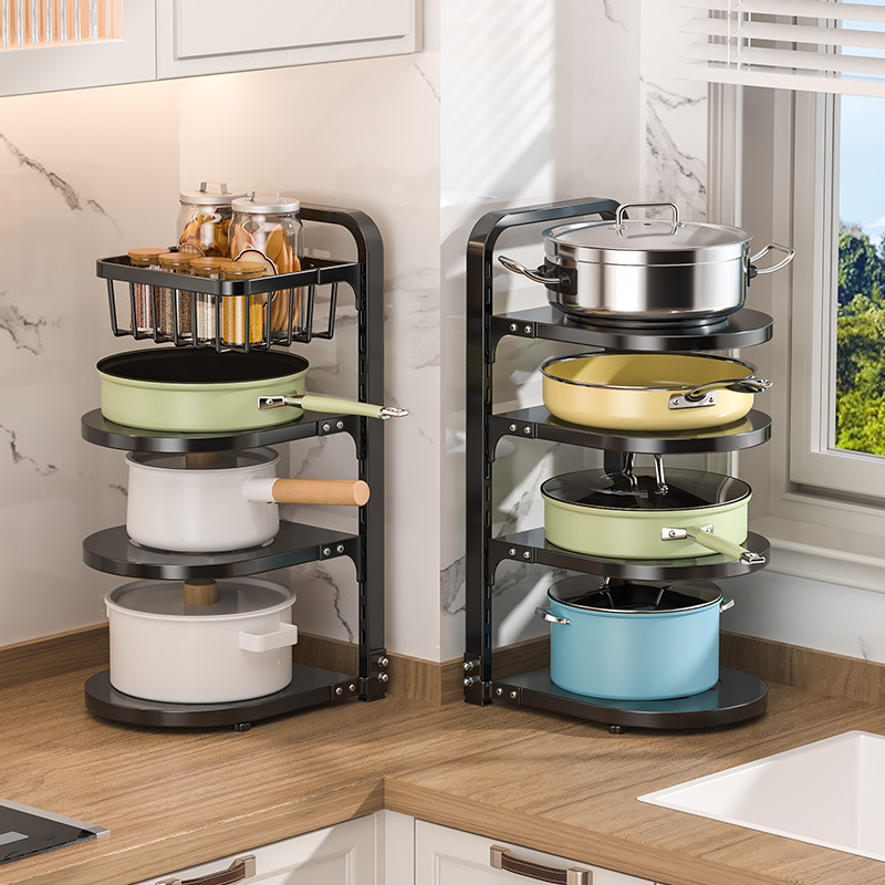 Kitchen storage rack, a multi-layer adjustable floor-standing cookware storage rack for home use, with a sink and a pot rack placed inside the cabinet Application Scenario