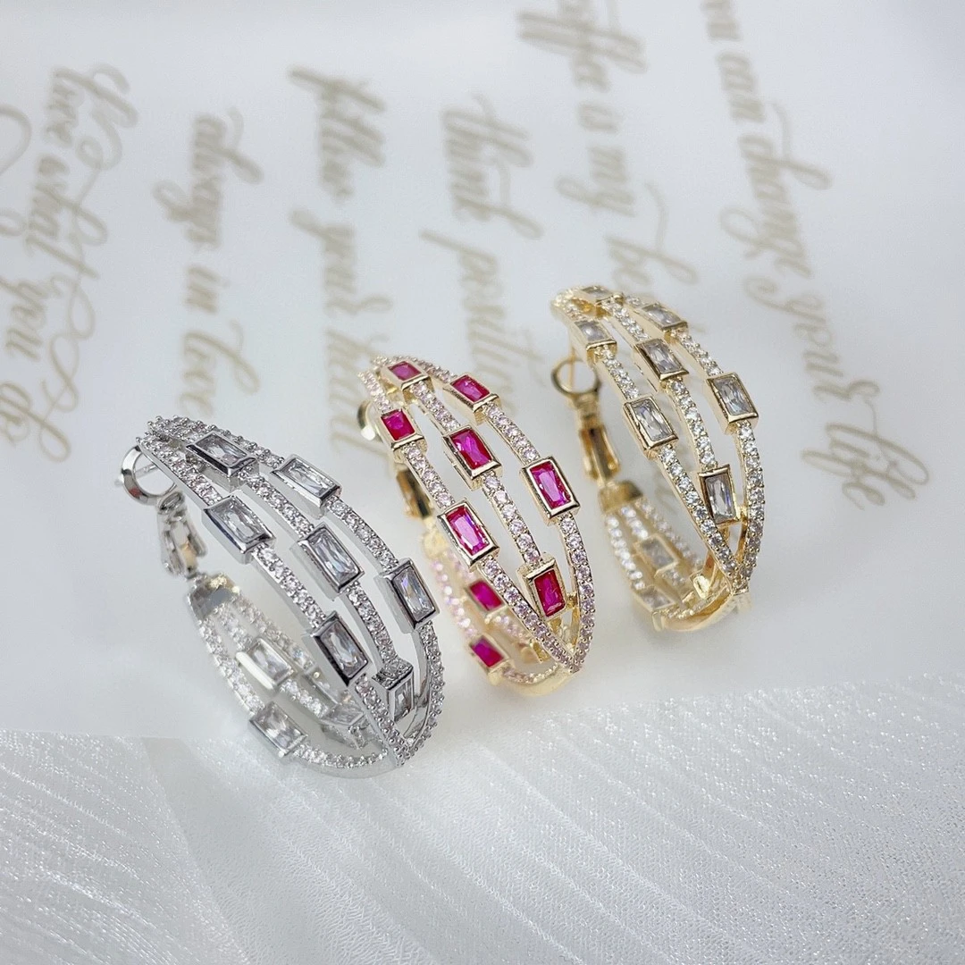 Fashionable and elegant colored gemstone hollowed-out line ear ring earrings, European and American micro-inlaid zircon earrings detail image 3