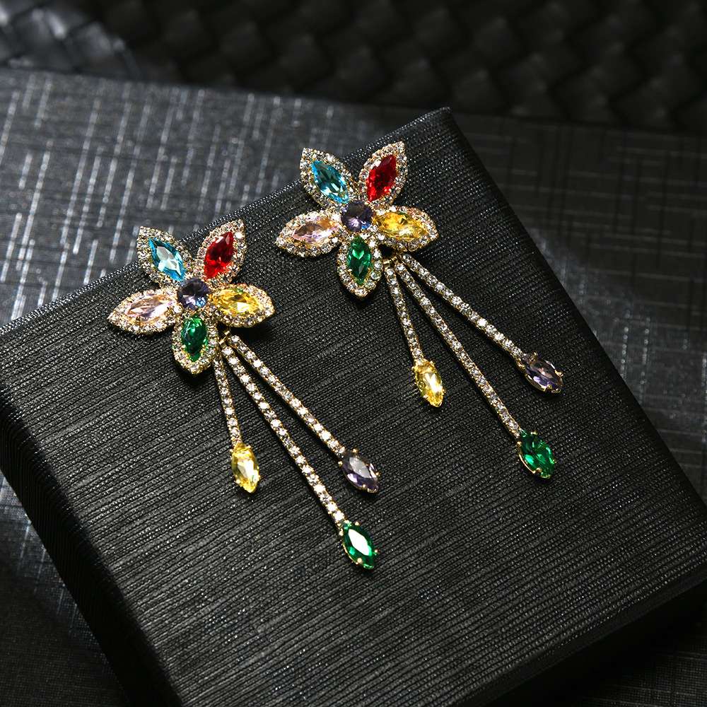 Heavy industry Zircon flower water drop tassel earrings, colorful luxury and elegant long earrings, niche design sense, stud earrings for women detail image 2