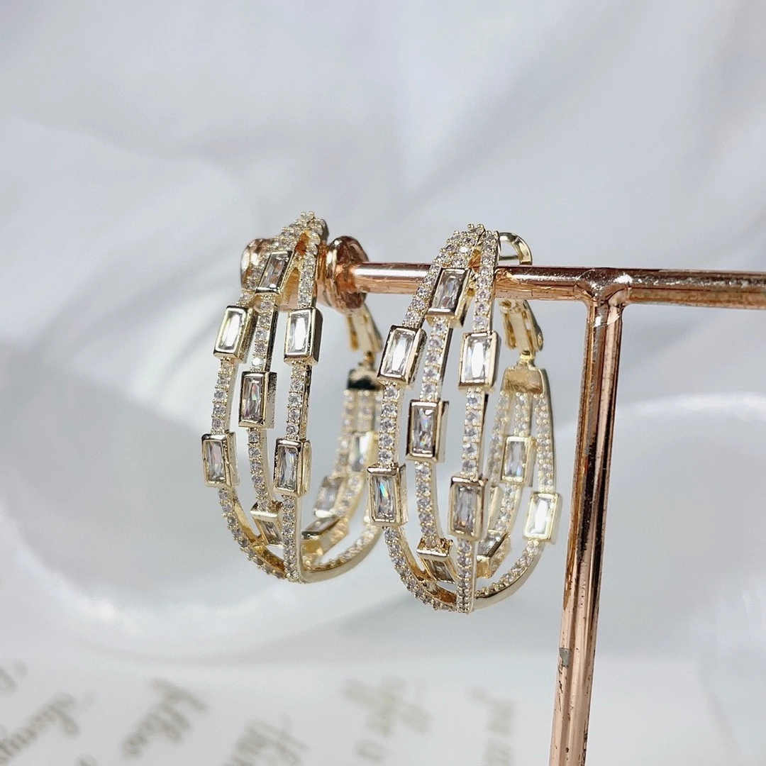 Fashionable and elegant colored gemstone hollowed-out line ear ring earrings, European and American micro-inlaid zircon earrings detail image 4