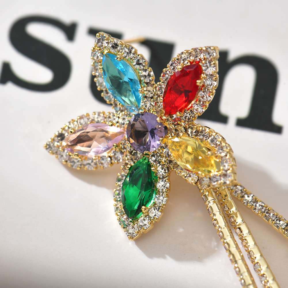 Heavy industry Zircon flower water drop tassel earrings, colorful luxury and elegant long earrings, niche design sense, stud earrings for women Item Picture