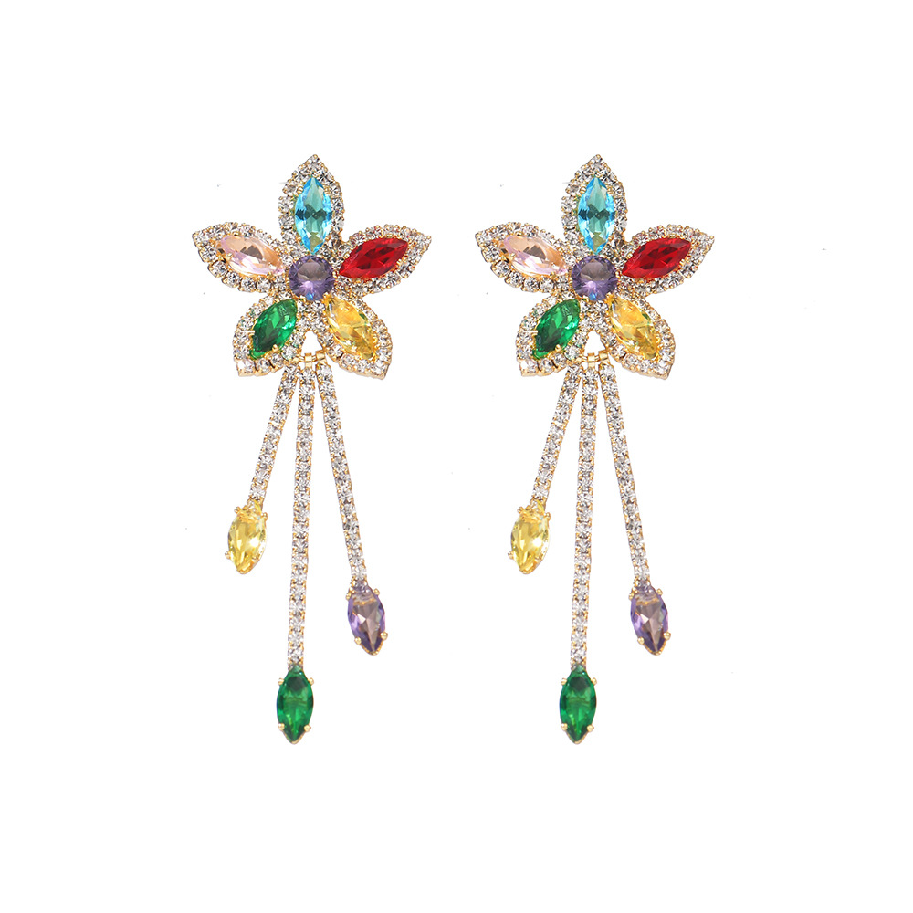 Heavy industry Zircon flower water drop tassel earrings, colorful luxury and elegant long earrings, niche design sense, stud earrings for women detail image 3