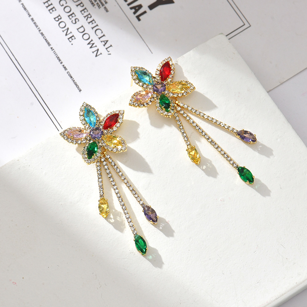 Heavy industry Zircon flower water drop tassel earrings, colorful luxury and elegant long earrings, niche design sense, stud earrings for women details Picture