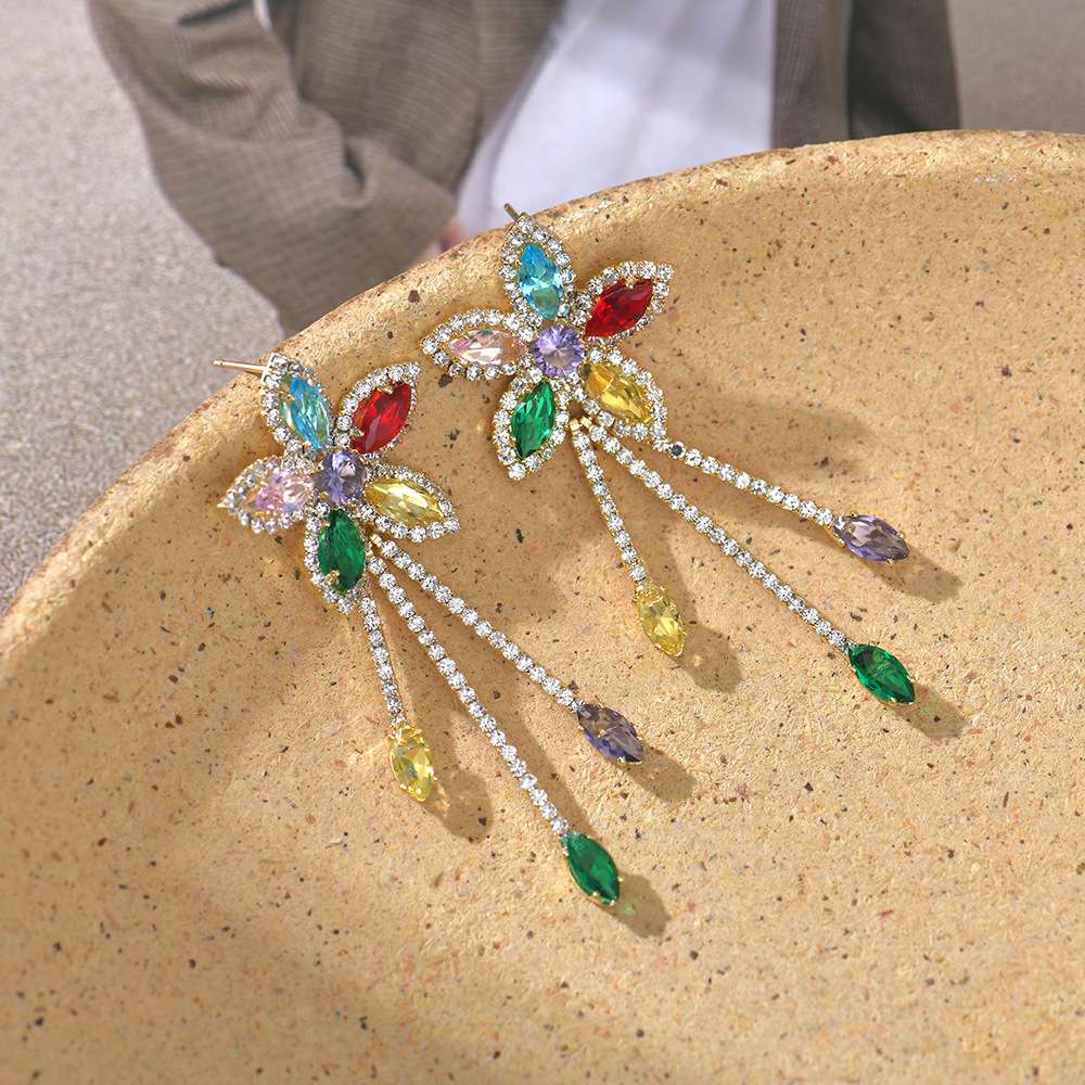 Heavy industry Zircon flower water drop tassel earrings, colorful luxury and elegant long earrings, niche design sense, stud earrings for women detail image 5