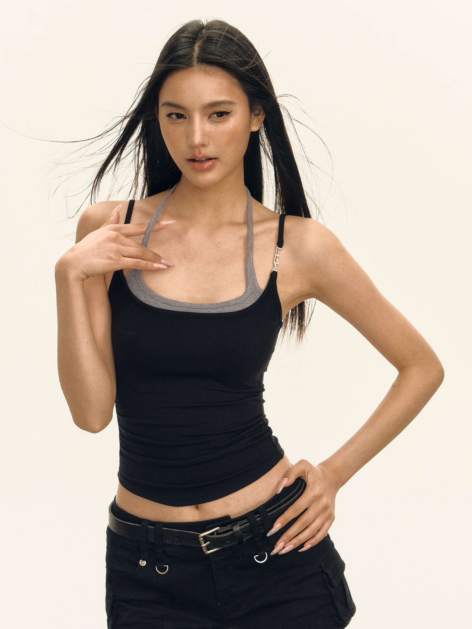 2024 Summer Slim rope Spice Girl style halter T-shirt for petite women, high street American waist-cinching leave, two short tank tops details Picture