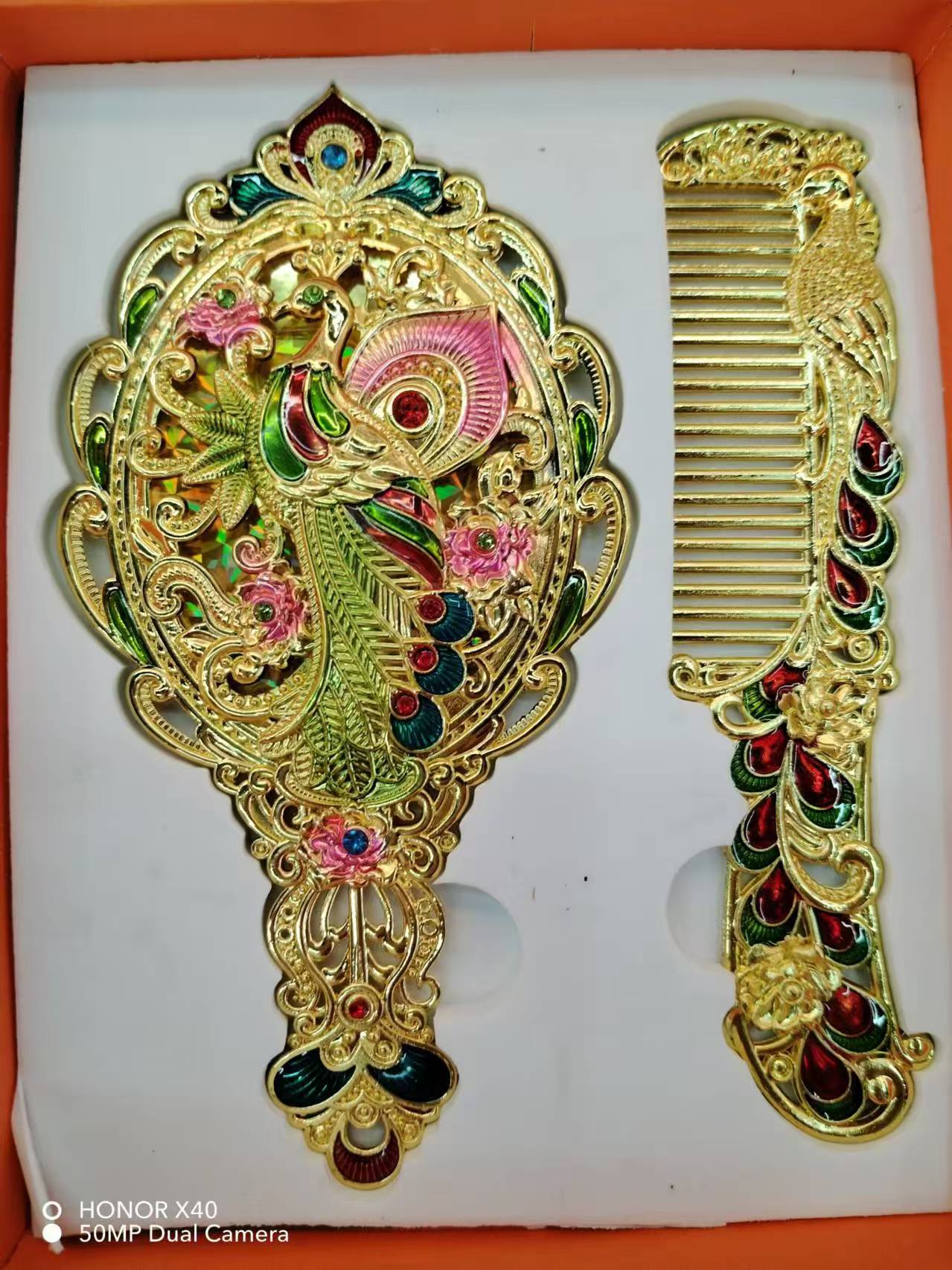 Peacock Ethnic style set makeup mirror with diamond bread portable mirror details Picture
