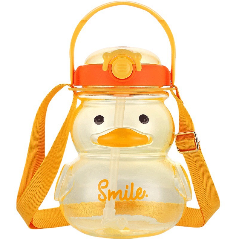 H185- Plastic Space Duck Single Drink, Cute Little yellow Duck Water Cup, Straw, portable Student Large Belly cup, Children's Water Bottle, Summer Large capacity Plastic cup Item Picture