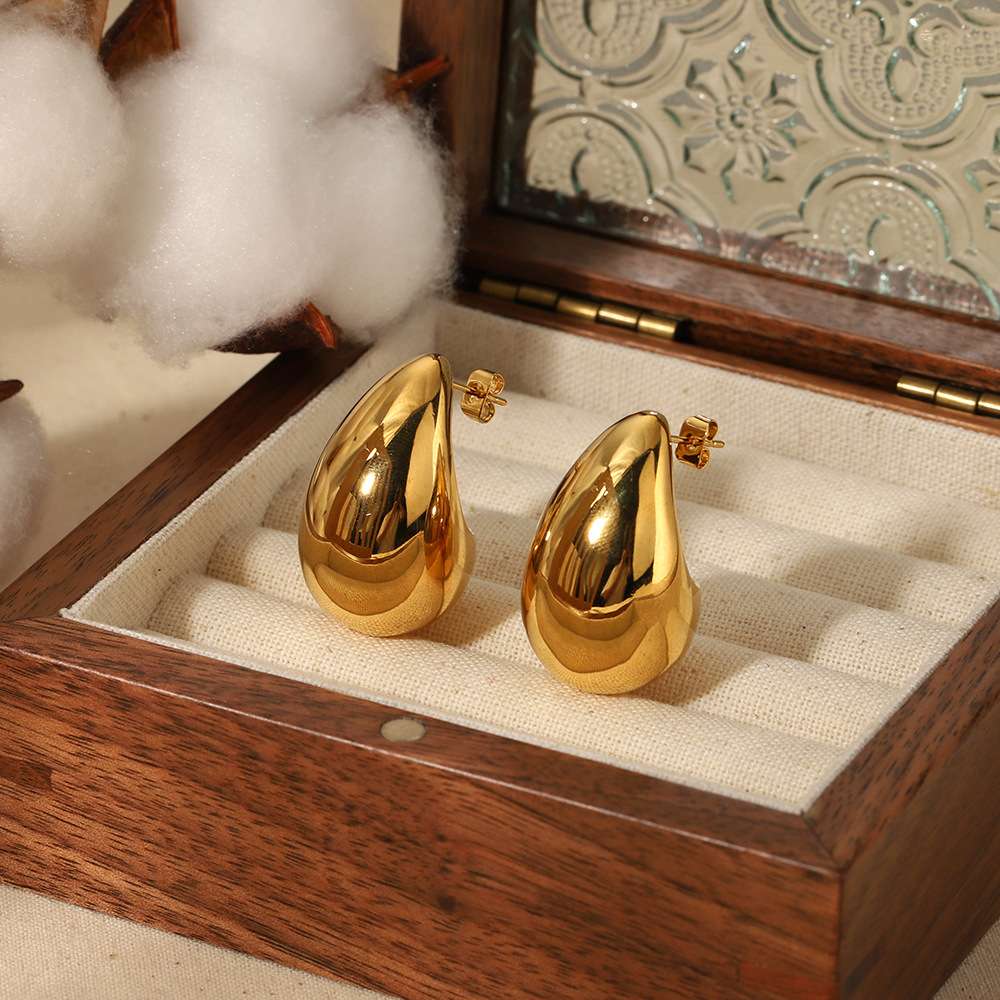 欧美热销高级感胖乎乎空心水滴耳环不锈钢耳饰18k金几何耳钉耳饰产品图