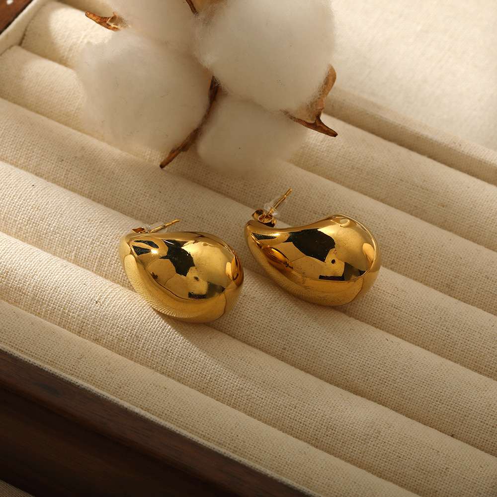 欧美热销高级感胖乎乎空心水滴耳环不锈钢耳饰18k金几何耳钉耳饰细节图