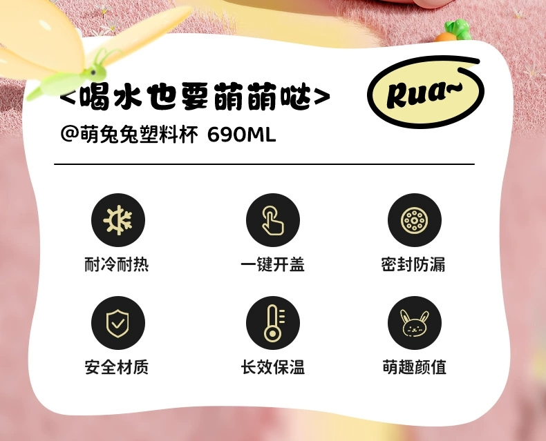 H185-兔墩墩塑料杯 可爱兔子儿童水杯学生夏高颜值大容量便携水杯塑料水杯夏季大容量塑料杯详情图2