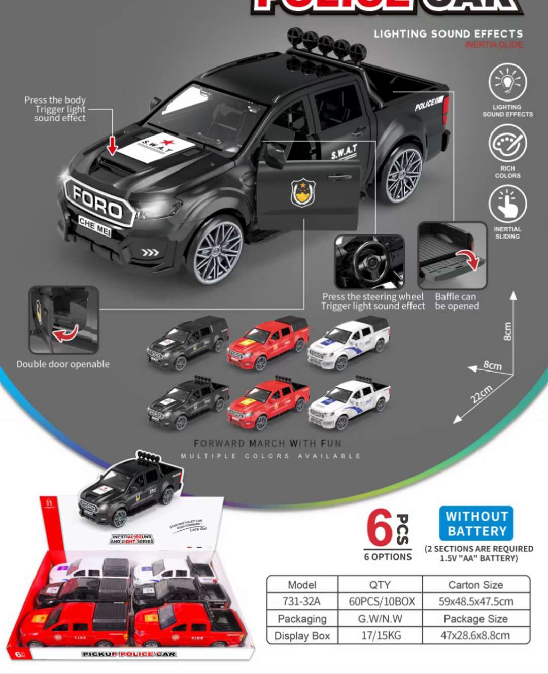 开门声光仿真车，双车门可开，灯光音效，丰富配色，惯性滑行，后档板可开详情图4