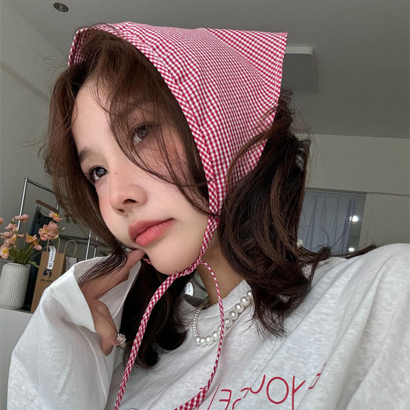 海盐蓝红黑_格子三角巾女头巾夏天丝巾发带小清新