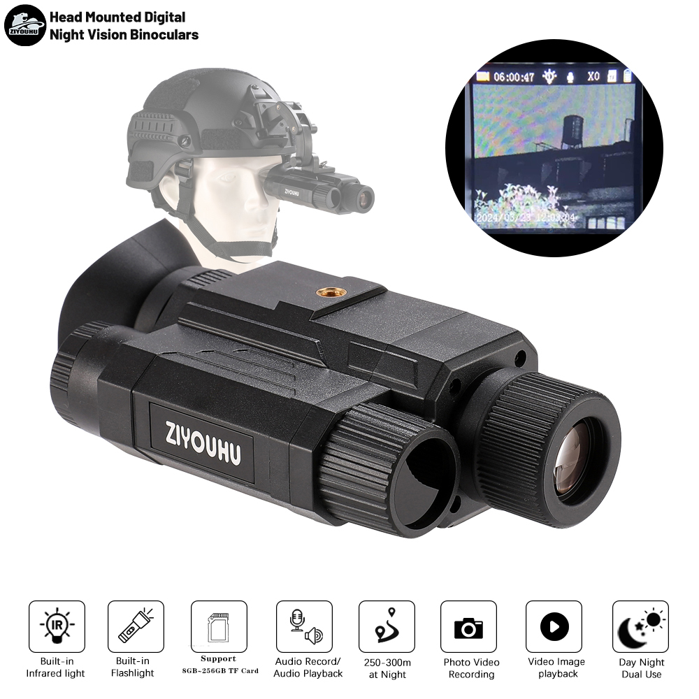IR Head Mounted Night Vision Helmet Monocular Digital 1080P HD Video Camera Large Field of View for Hunting Day Night Dual Use full figure