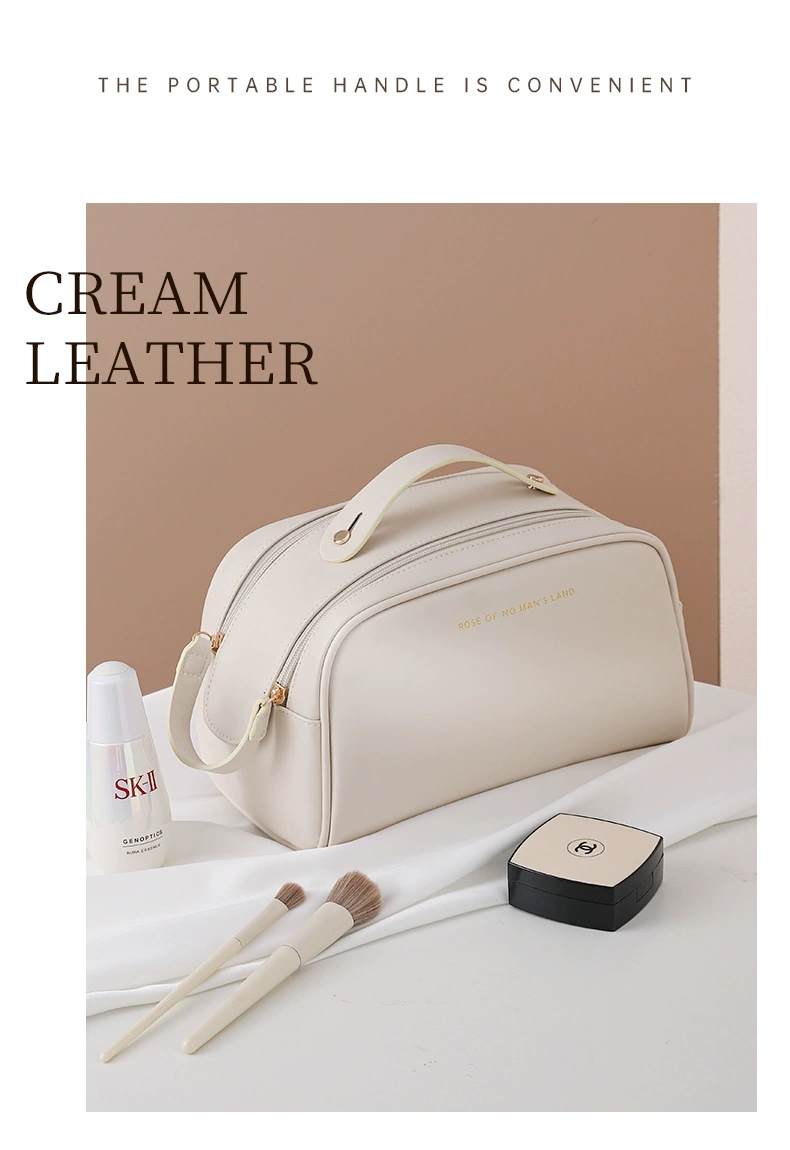 The new PU double-zipper cosmetic bag features a large capacity, portability, and a high level of appearance. It is a hand-held toiletry bag and a cosmetic storage bag Specification image