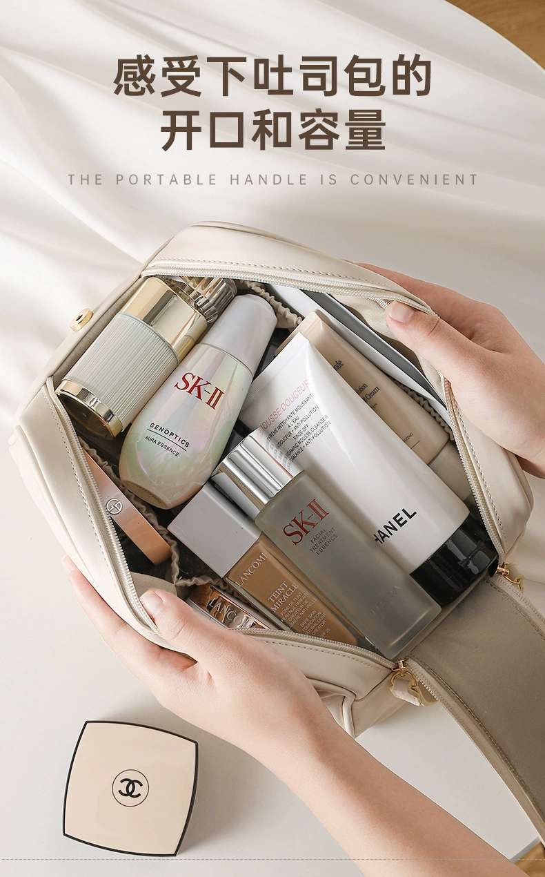 The new PU double-zipper cosmetic bag features a large capacity, portability, and a high level of appearance. It is a hand-held toiletry bag and a cosmetic storage bag detail image 5