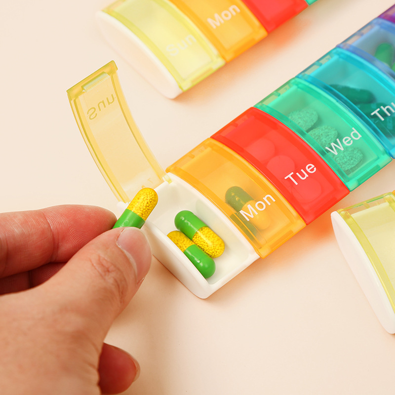 One Week Pill Box Portable Travel Pill Box 7 Days Rainbow Mini Pill Box Multi-Functional Capsule Medicine Dispense Box details Picture