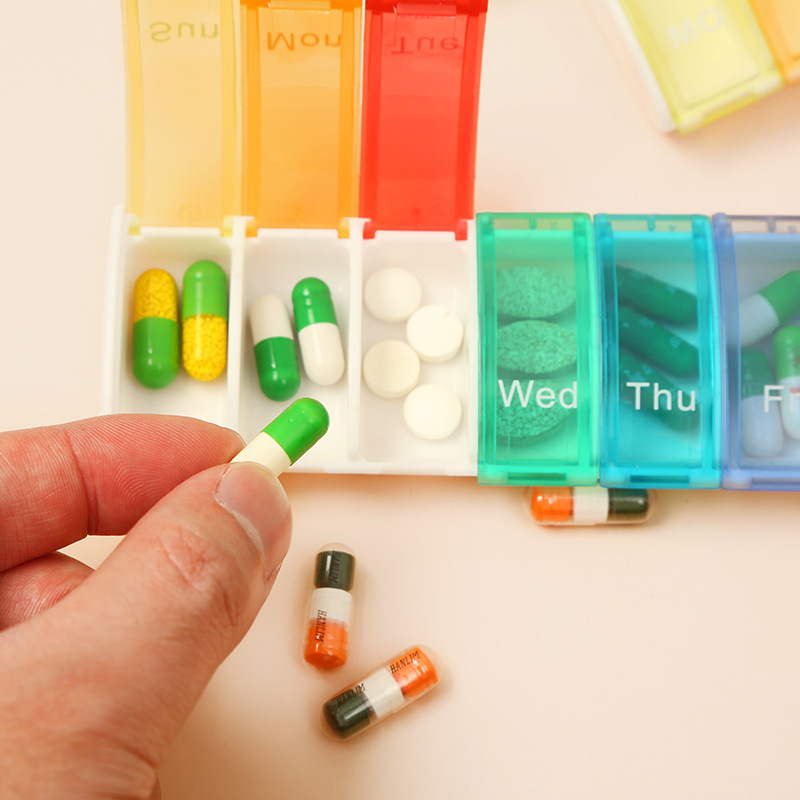 One Week Pill Box Portable Travel Pill Box 7 Days Rainbow Mini Pill Box Multi-Functional Capsule Medicine Dispense Box Specification drawing