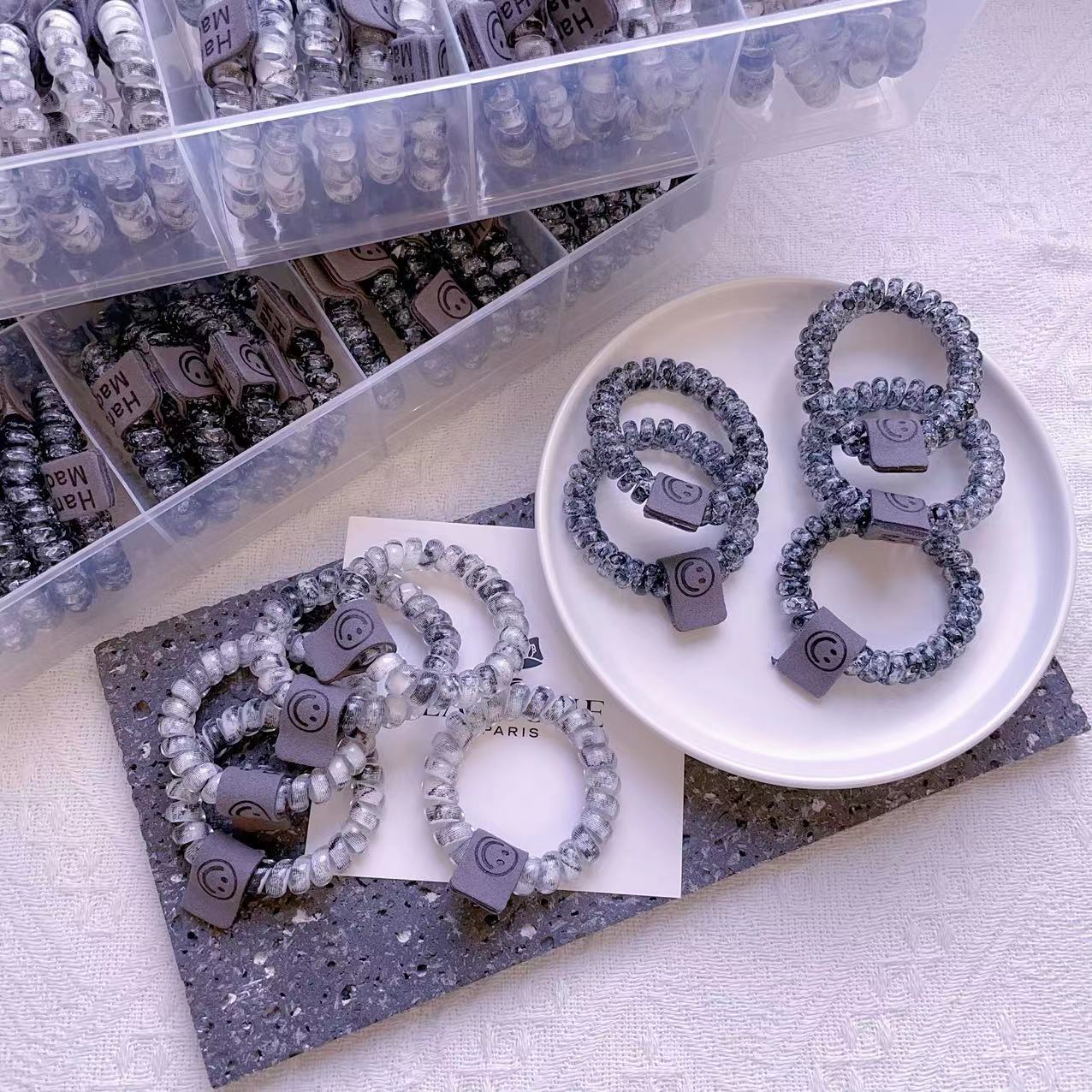 丁点1号店不伤发复古磨砂大理石纹贴笑脸布标电话线多用发绳发饰