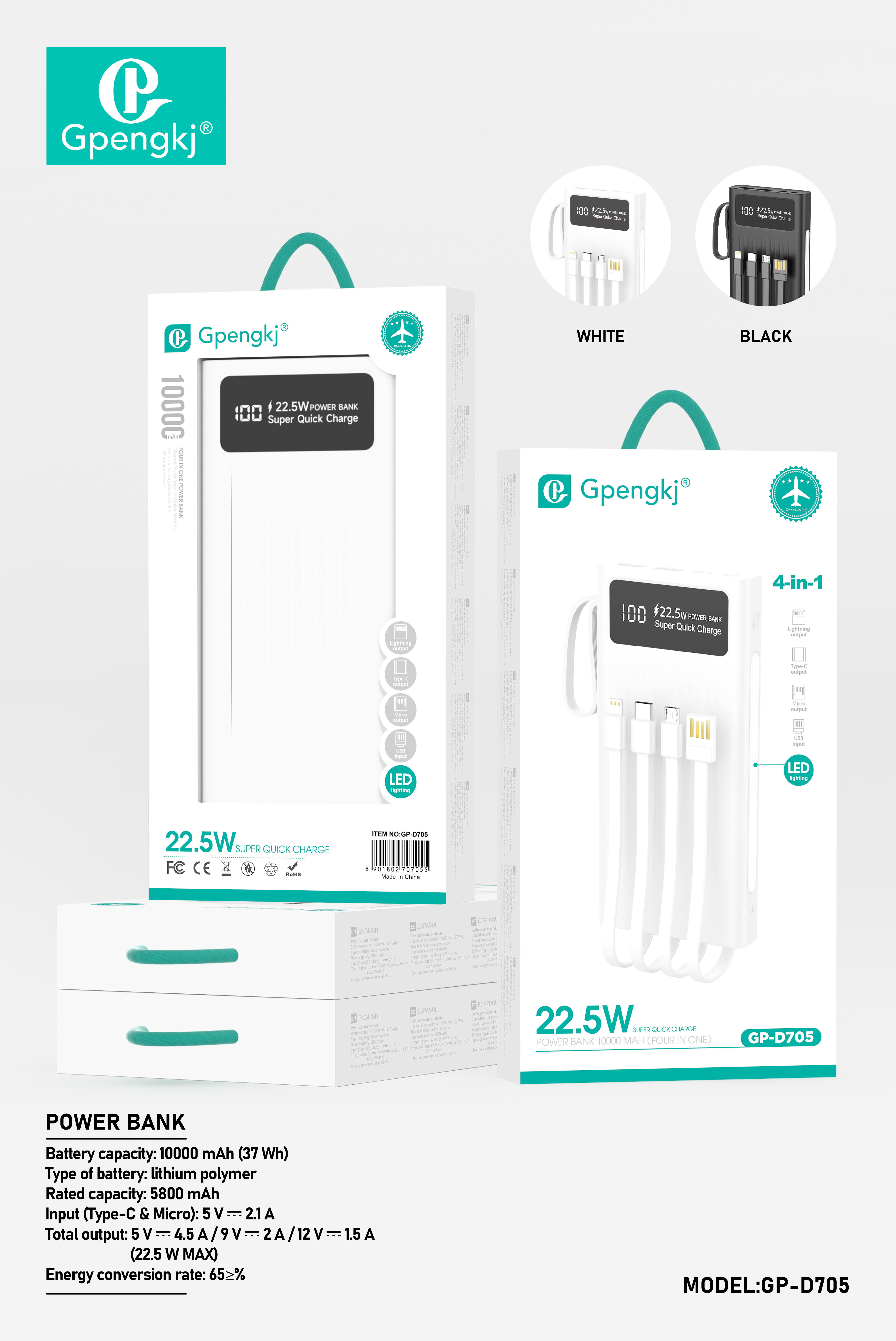 22.5W Super Fast Charger Portable Ultra-Thin Compact Portable Power Charger Comes With A Four-Wire 10,000Mah Capacity