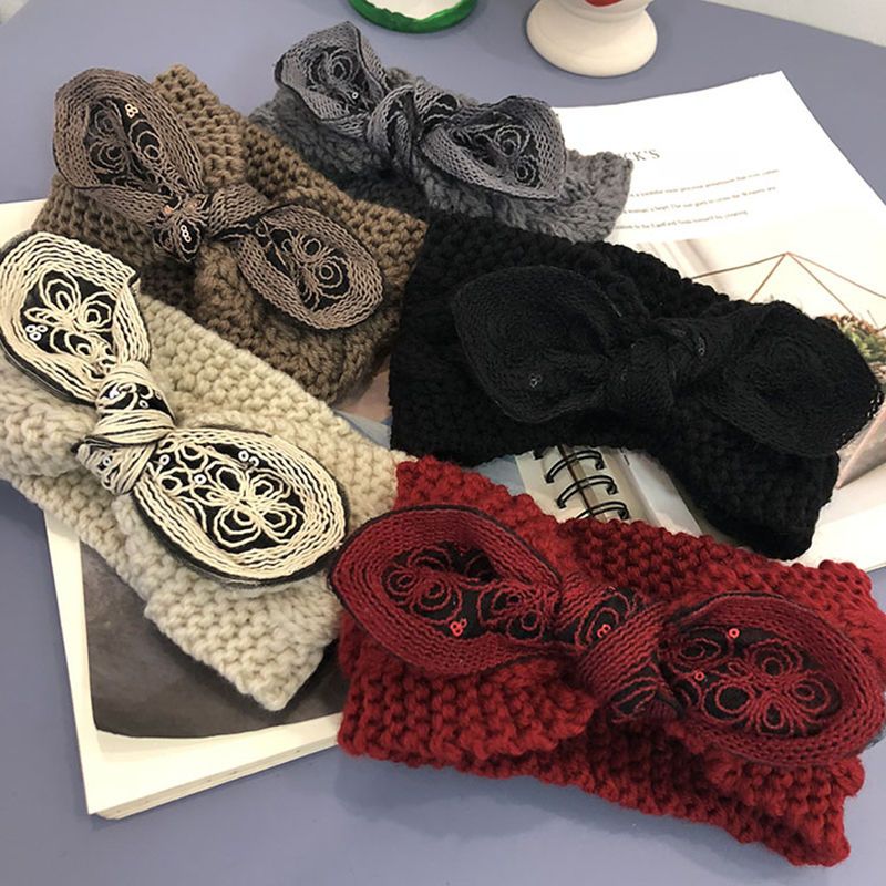 Popular knitted woolen bow sequined hair band for women, Korean version, versatile outerwear hair band, hair clip, headband, hair accessory, women's autumn hair band