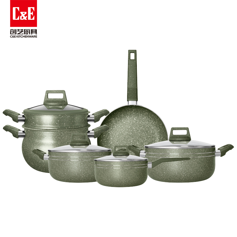 C&E Creative Cookware 7-piece Set: Non-stick frying pan, soup pot, milk pot, Multi-functional double-layer steamer, kitchen and household gifts Specification image