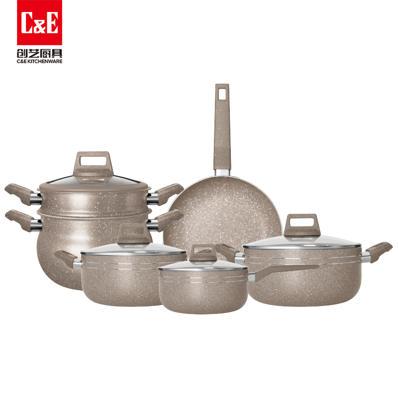 C&E Creative Cookware 7-piece Set: Non-stick frying pan, soup pot, milk pot, Multi-functional double-layer steamer, kitchen and household gifts details Picture