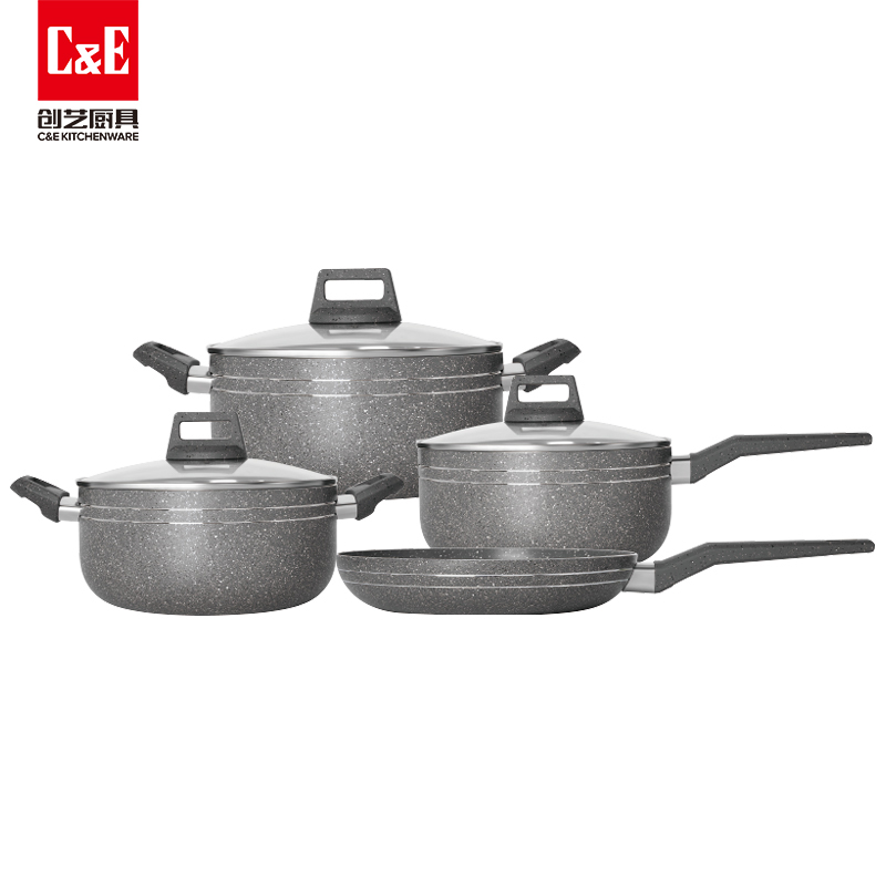 C&E Creative Cookware 7-piece set: Frying pan, soup pot, milk pot, composite pot base, multi-functional non-stick frying kitchenware for home use Item Picture