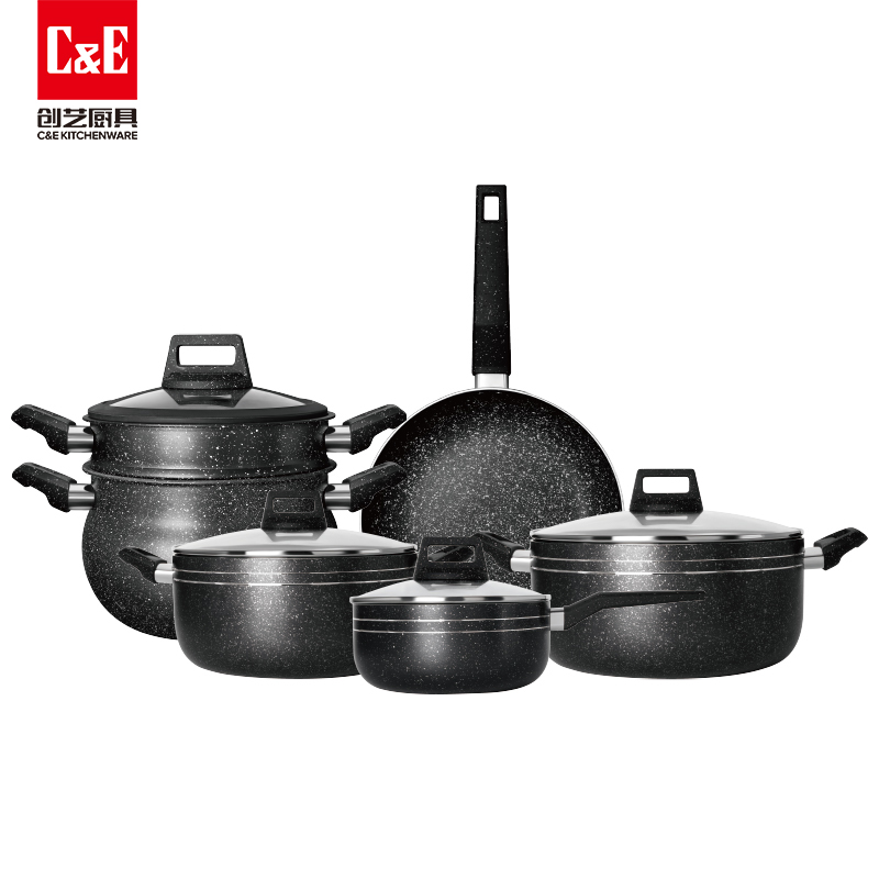 C&E Creative Cookware 7-piece Set: Non-stick frying pan, soup pot, milk pot, Multi-functional double-layer steamer, kitchen and household gifts pic 3