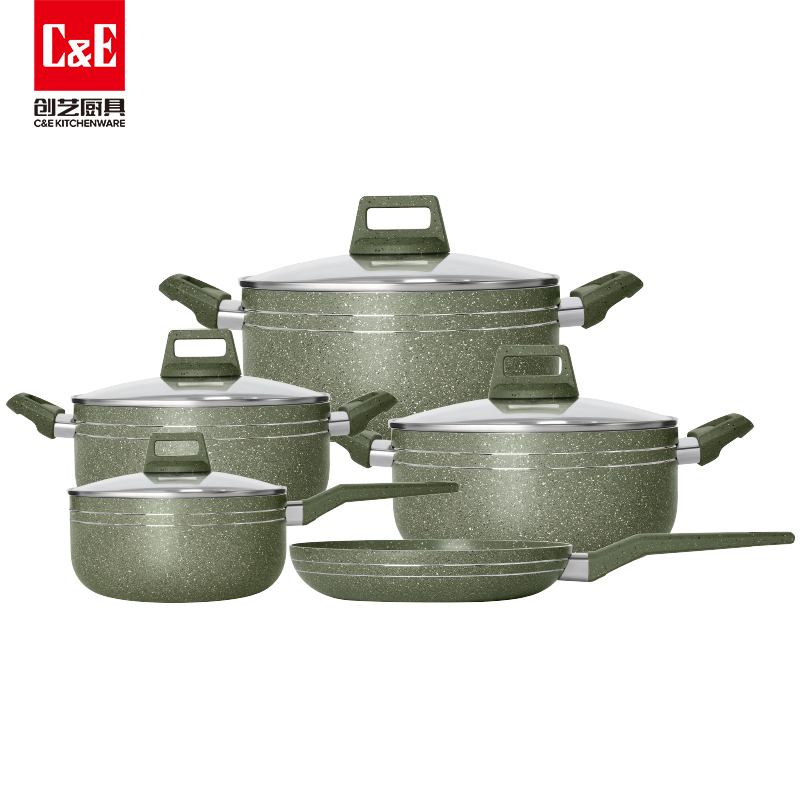 麦饭石不绣钢双耳套锅/套锅/锅具套装/年年红/不粘锅五件套细节图