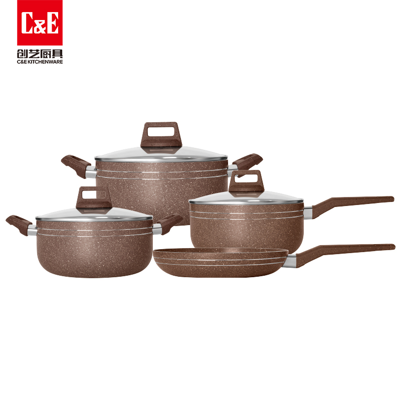 C&E Creative Cookware 7-piece set: Frying pan, soup pot, milk pot, composite pot base, multi-functional non-stick frying kitchenware for home use Application Scenario