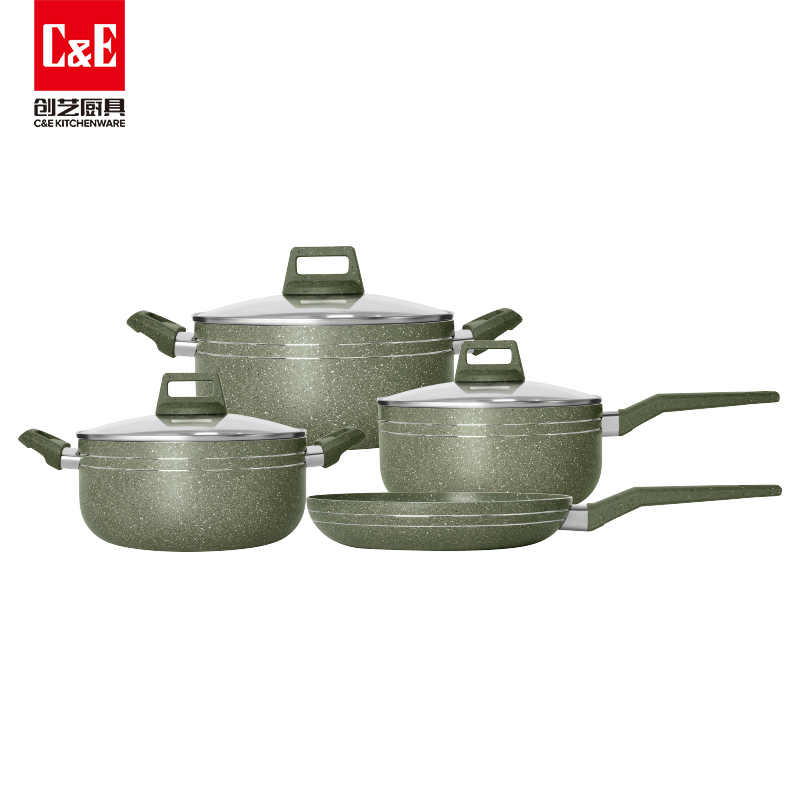 C&E Creative Cookware 7-piece set: Frying pan, soup pot, milk pot, composite pot base, multi-functional non-stick frying kitchenware for home use pic 5
