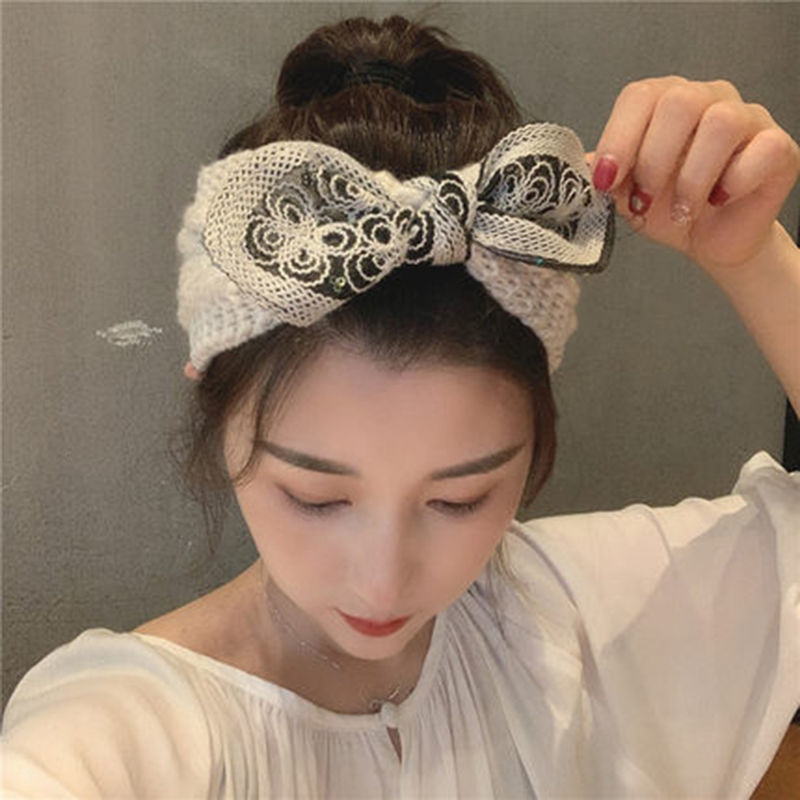Popular knitted woolen bow sequined hair band for women, Korean version, versatile outerwear hair band, hair clip, headband, hair accessory, women's autumn hair band details Picture