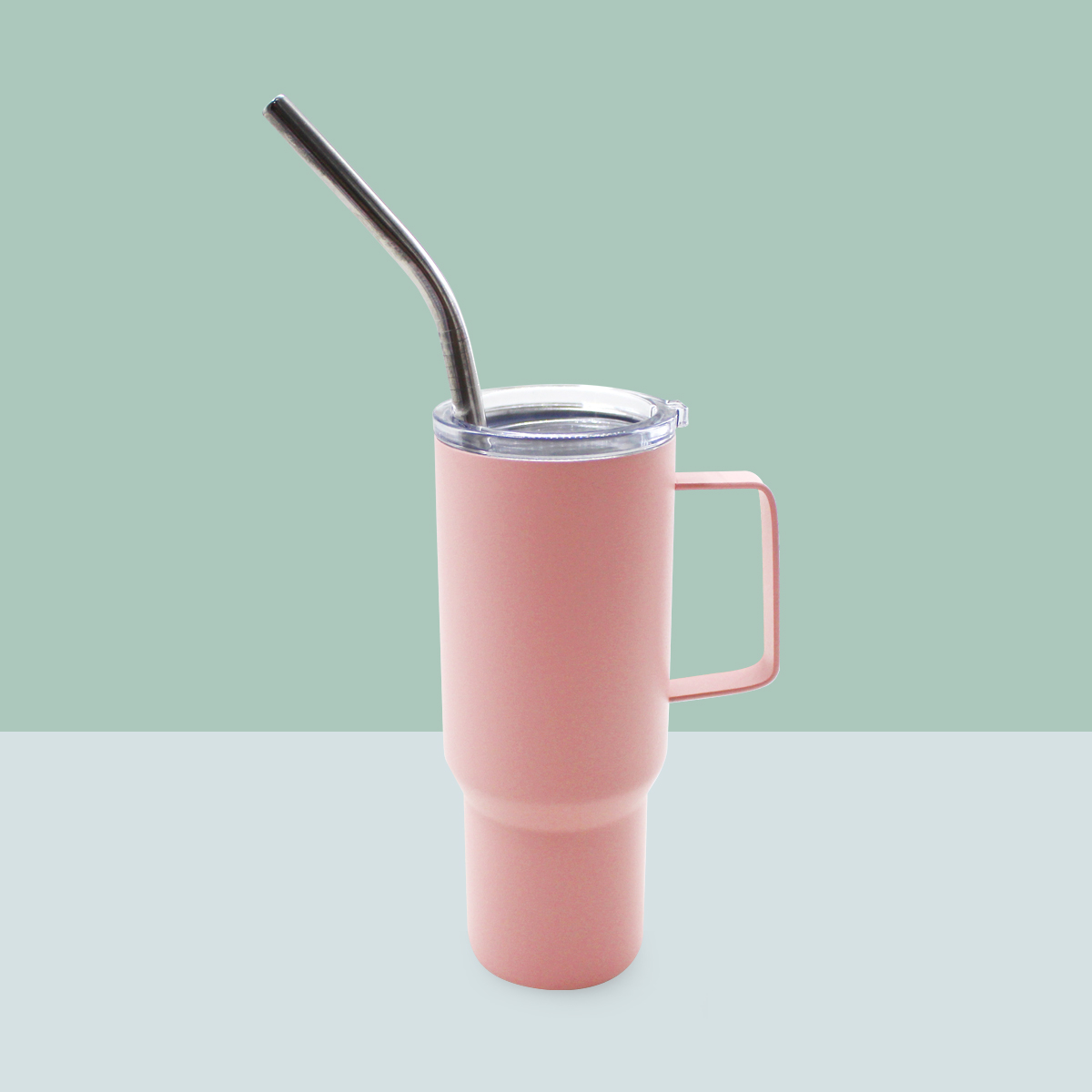 新款双层不锈钢透明盖咖啡杯带吸管5oz手柄杯便携汽车杯派对杯白底实物图