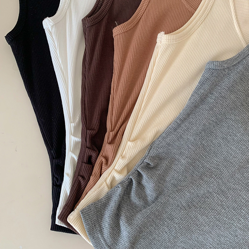 American-style round-neck solid color slimming base vest for women without breast pads, pleated waist-cinching, arc-shaped long, spicy girl sports vest