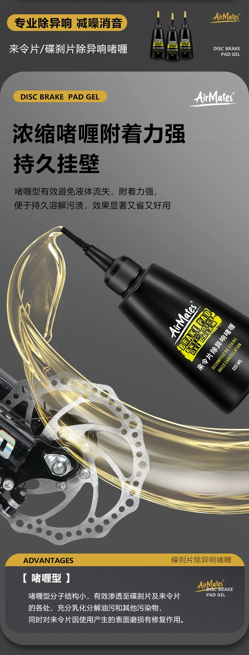 240422 AirMates 自行车单车来令片除异响啫喱碟片消除影响清洗啫喱碟刹部件清洗剂      详情9