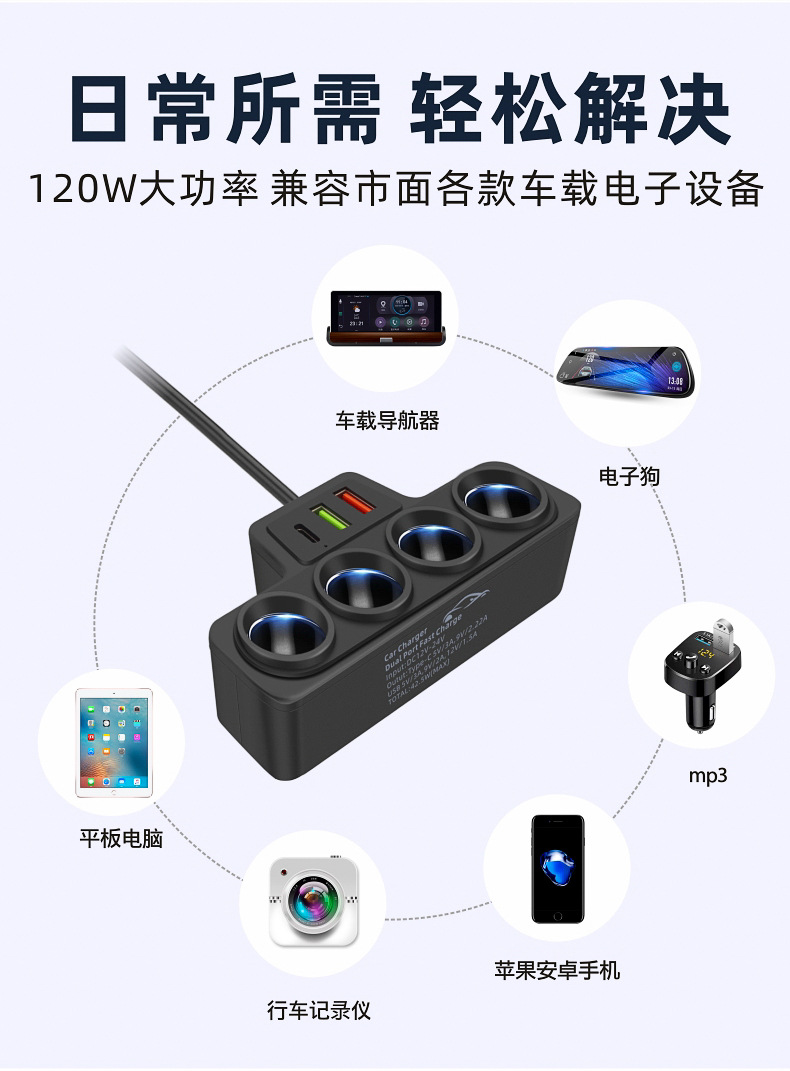 汽车分线器车用12/24V通用手机车充器大功率120W车载点烟器一拖四详情6
