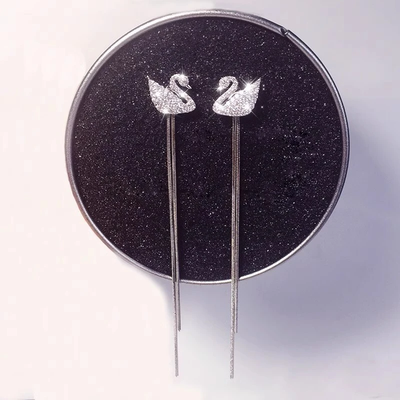 Stud Earrings Sterling Silver Black Swan Fringe Ear Line Female 2024 New Explosive High-Grade Temperament Earrings Summer Ethnic Wind Earrings