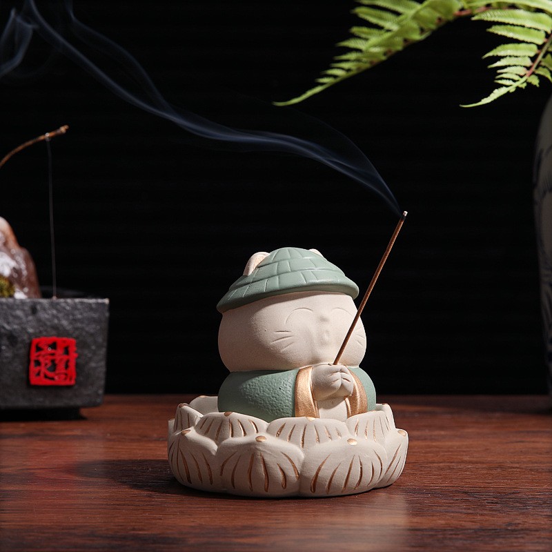 乐喵原创 中式惮意佛系香插陶瓷猫茶宠桌面家居摆件解压招财猫伴手礼陶瓷小摆件
