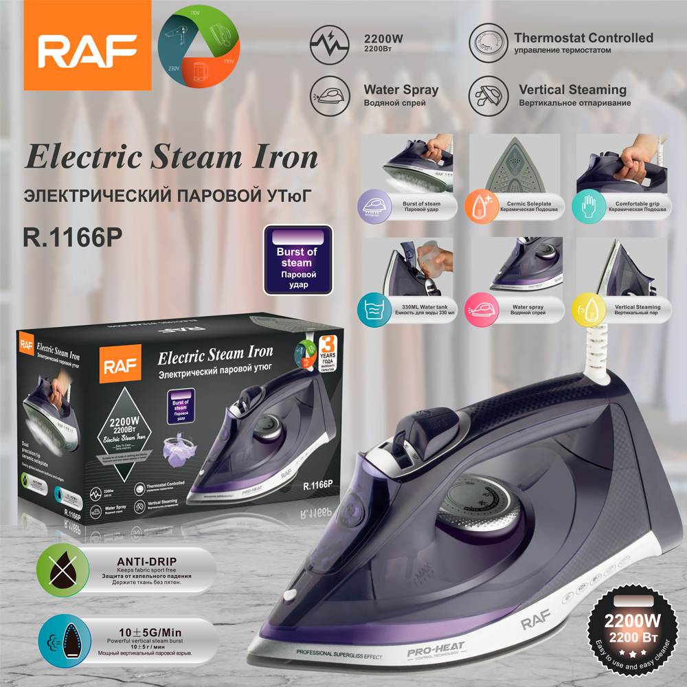 RAF European Standard cross-border steam iron Portable Ironing machine Three-speed adjustable pressure type high-power electric iron R.1166