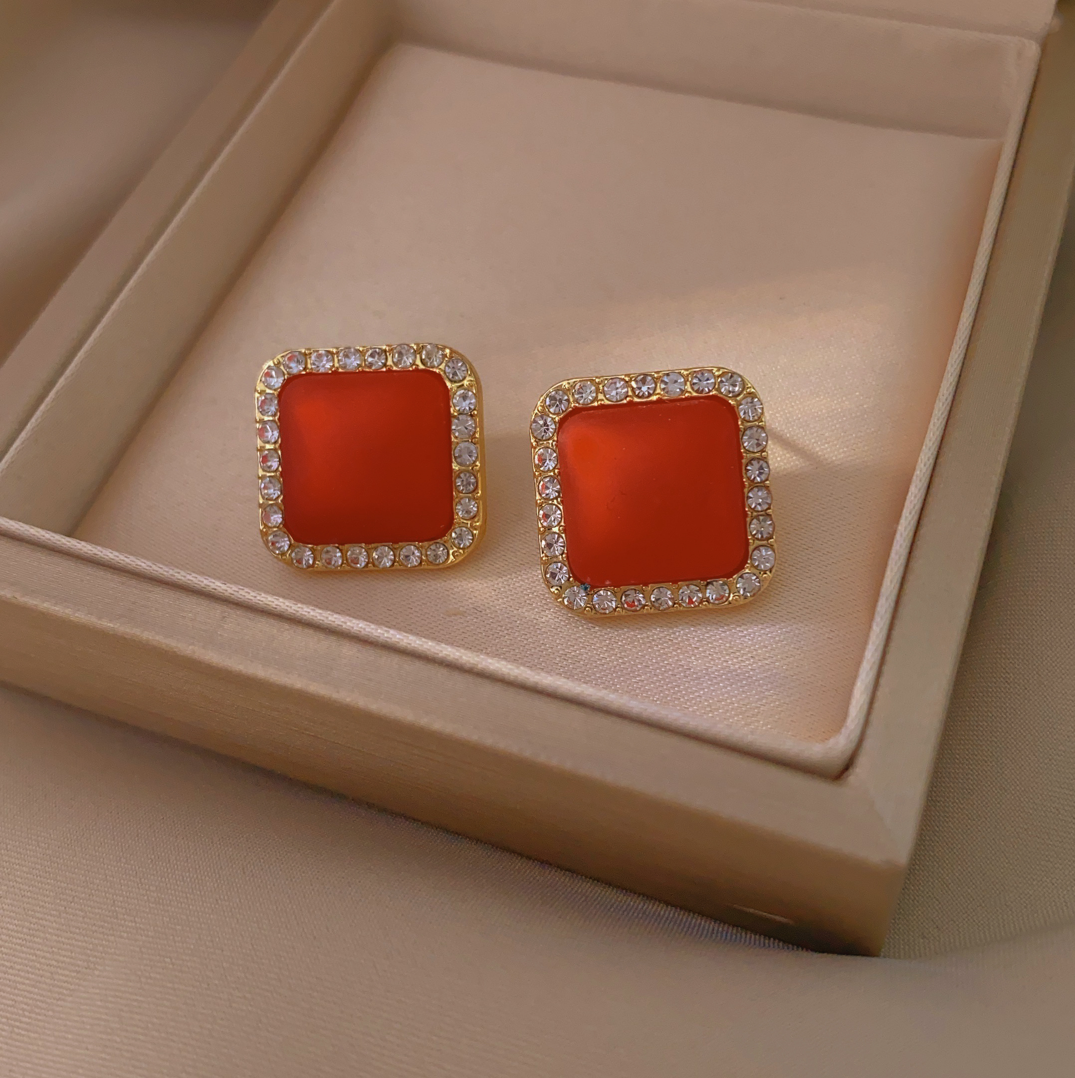 New fashionable geometric square sweet stud earrings, red zodiac year earrings, versatile earrings for women details Picture