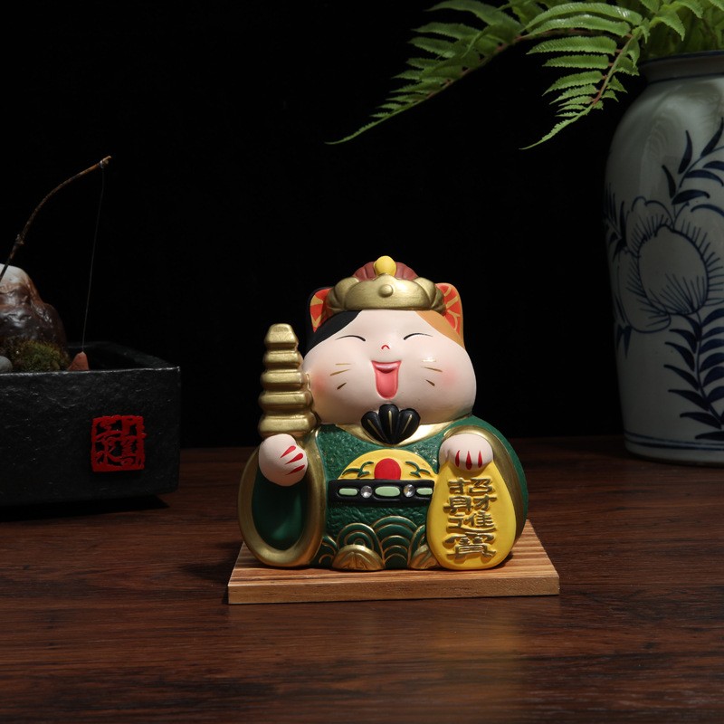 乐喵原创 中式五路财神陶瓷猫店铺家居客厅装饰开运摆件招财猫图